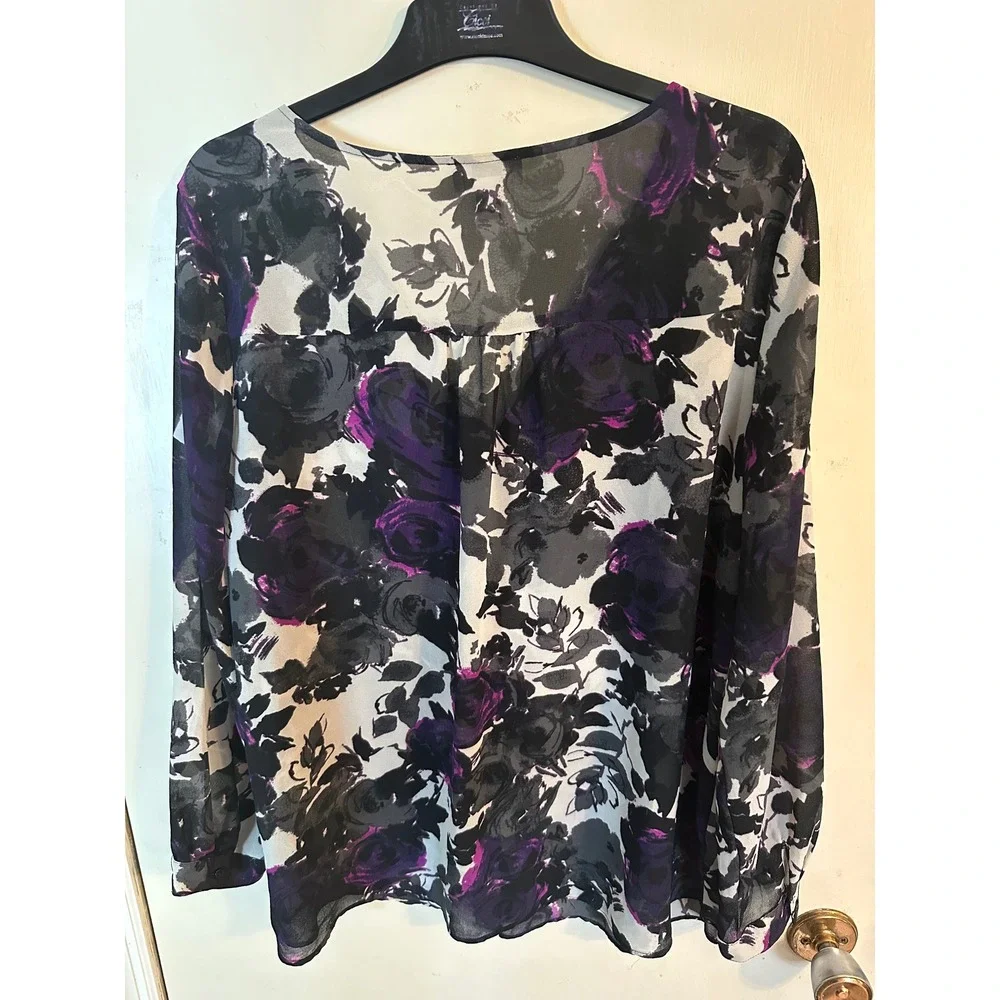Ann Taylor LOFT Purple Black Floral Sheer‎ Chiffon V-Neck Blouse XL Long Sleeve - Picture 5 of 11